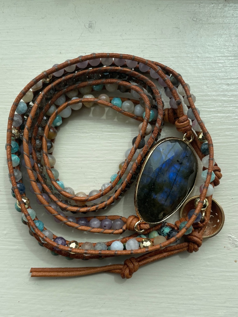 Beaded Leather Wrap Bracelet with Blue Labradorite Accent